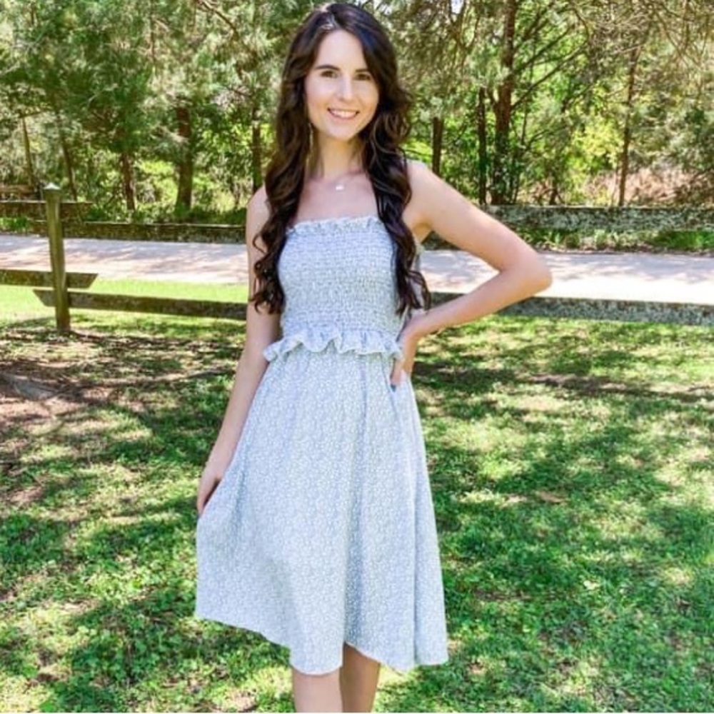 Goodnight Macaroon Blue Smocked Tie Shoulder Midi Dress